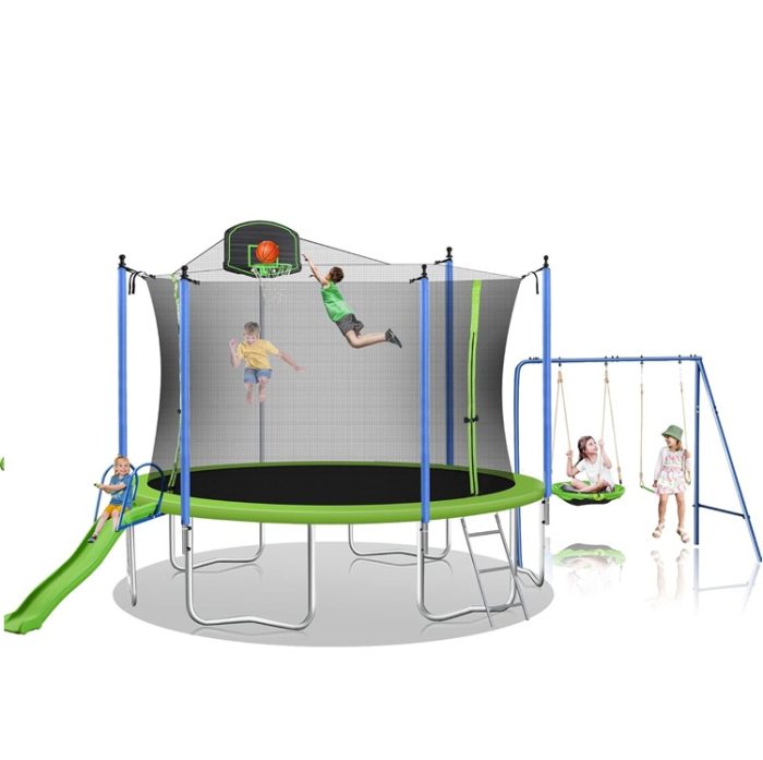 14ft Trampoline with Safety net and Swing Set, Slide and Basketball Hoop