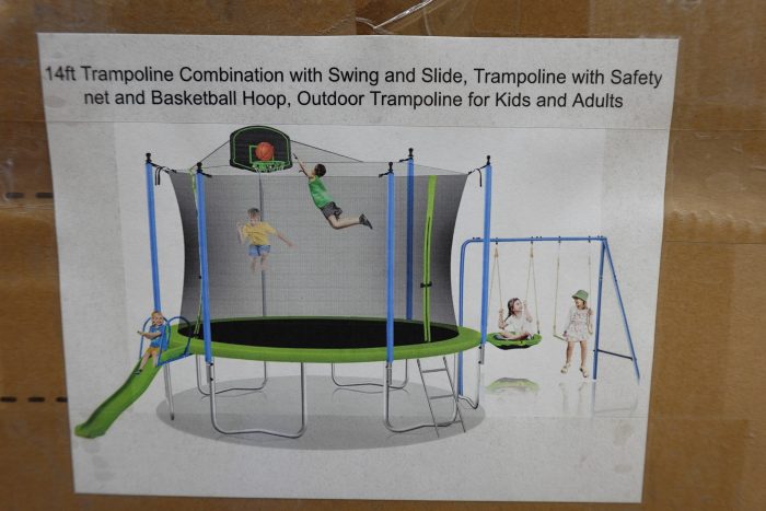 14ft Trampoline with Safety net and Swing Set, Slide and Basketball Hoop - Image 4