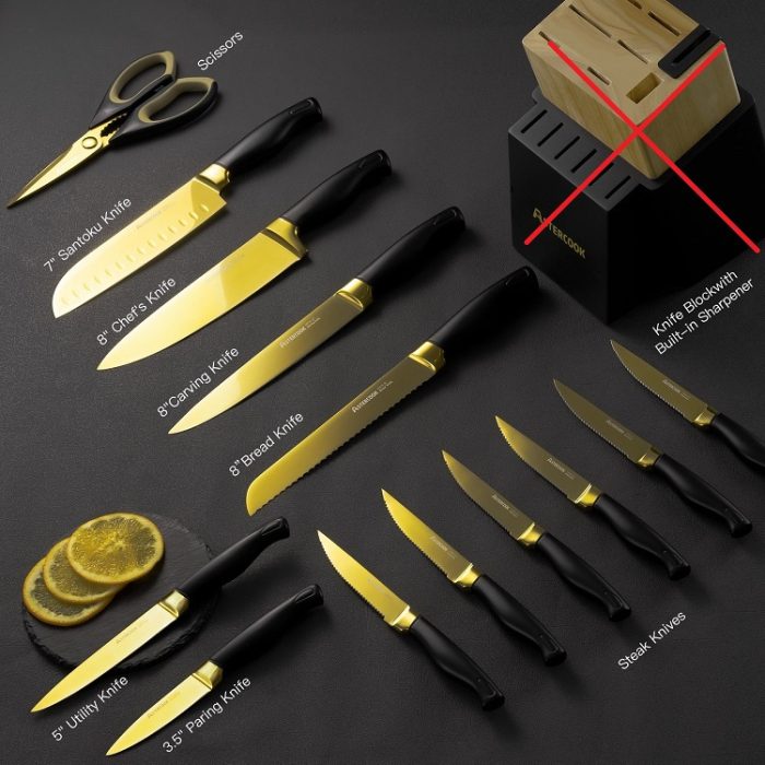 Astercook 13-Pc Kitchen Knife Set - Gold Titanium Coating, Stainless Steel in Black & Gold