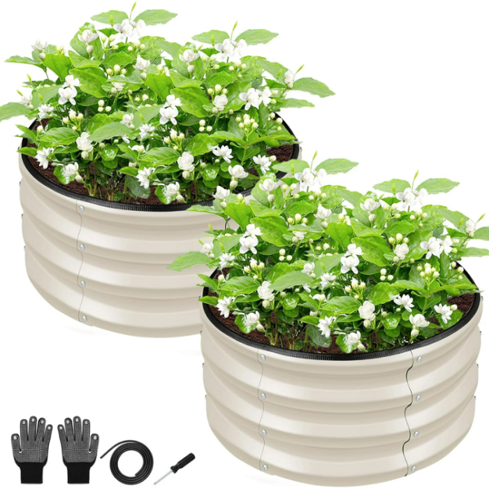 2pk Round Outdoor Galvanized Raised Garden Bed Planter kit in White 2x1ft