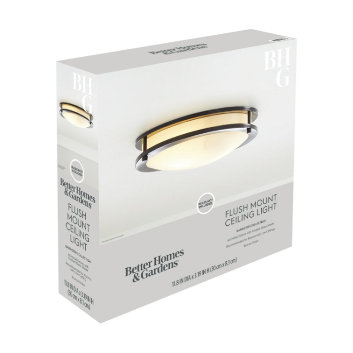 BH&G Classic 12" Bronze Living Room Flush Mount Ceiling Light Frosted Glass