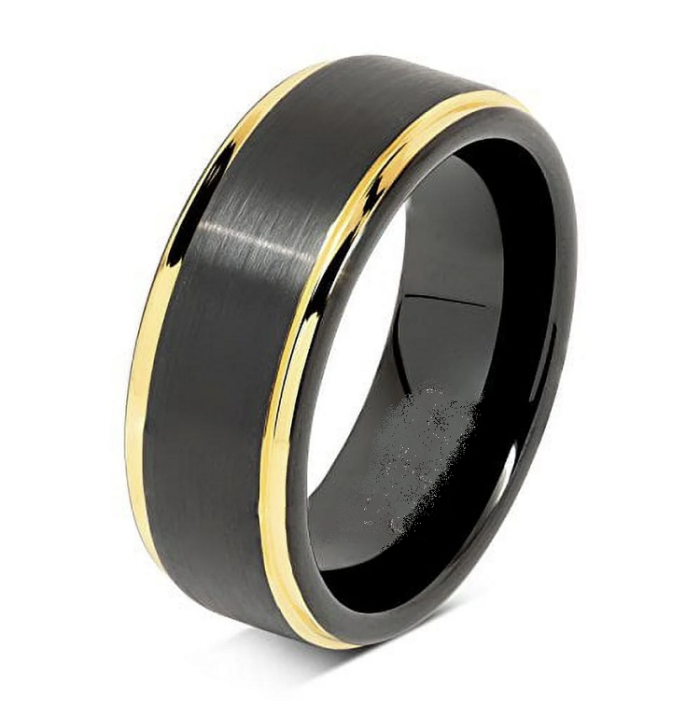 Black Tungsten Ring for Men Wedding Band Gold Step Edge Size 12