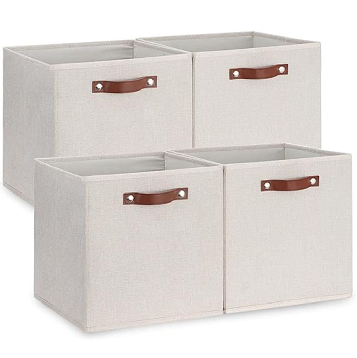 Temary Fabric Storage Cubes Storage Bins with Dual Leather Handles 4 Pack 13x13