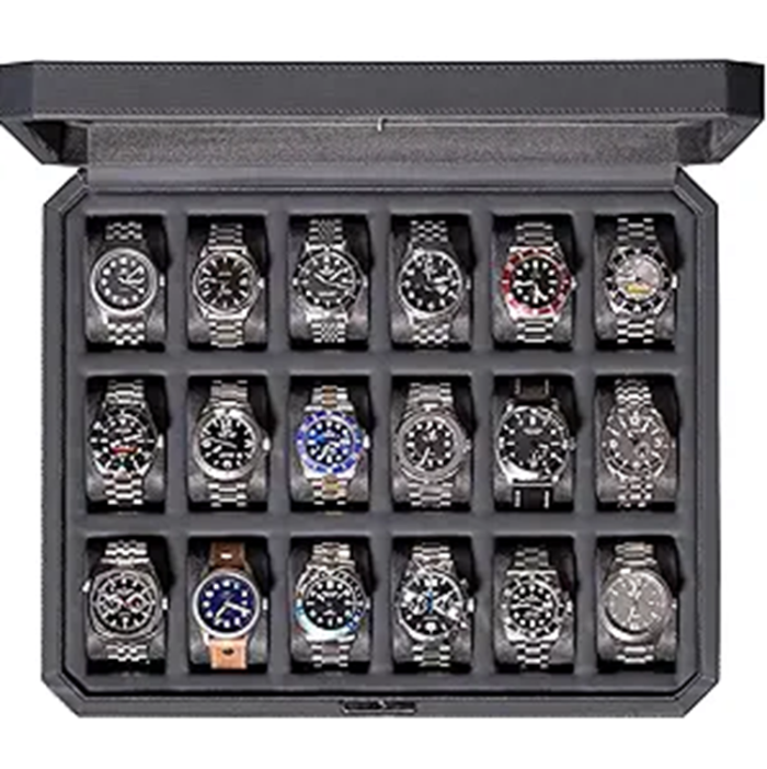 ROTHWELL 18-Slot Watch Case Luxury Watch Box Real Glass Top Lockable - Carbon