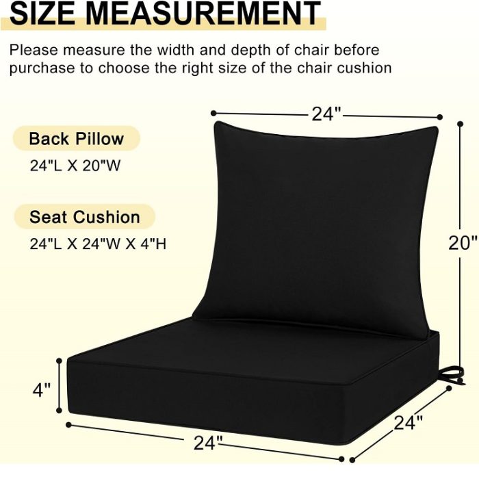 2 pc Outdoor Patio Replacement Deep Seat Chair Cushions with Removable Covers in Black