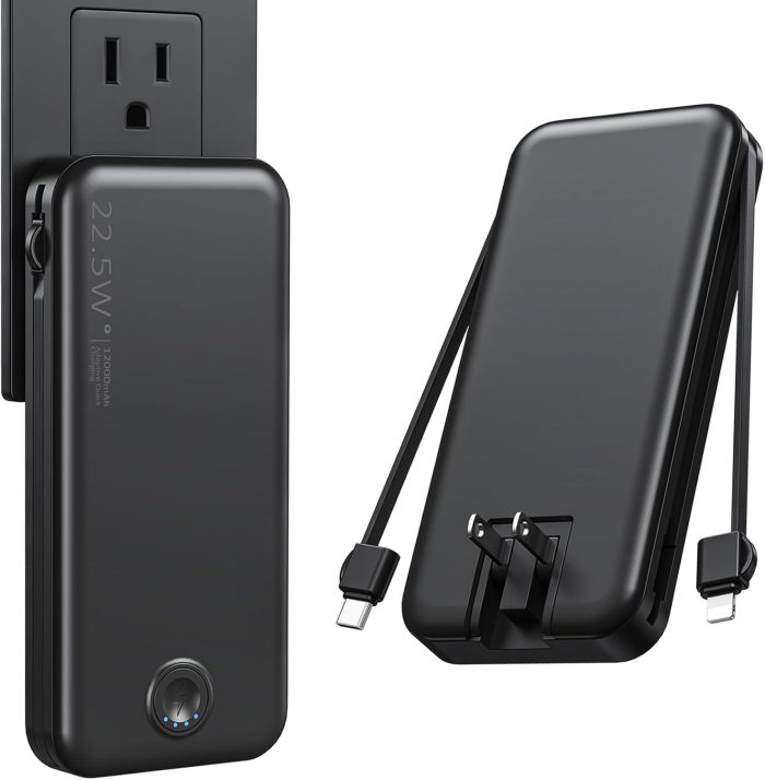 Portable Charger with Built in Cable and AC Wall Plug Travel Battery Pack for iPhones - Black