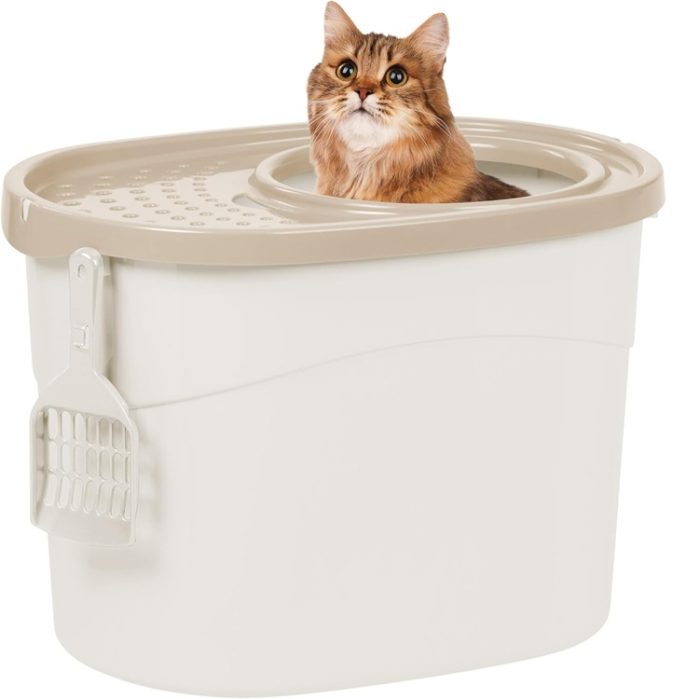 IRIS USA Large Top Entry Enclosed Cat Litter Box in White Beige