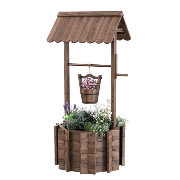 Amopatio Wooden Wishing Well Planter – Rustic Outdoor Garden Decor