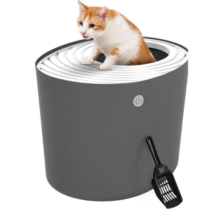 Large Top Entry Cat Litter Box with Litter Catching Lid and Scoop in Gray