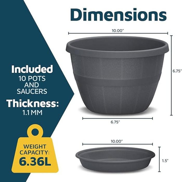 Pack of 10 – Rustic Plastic Pots with Drainage & Saucers 10"