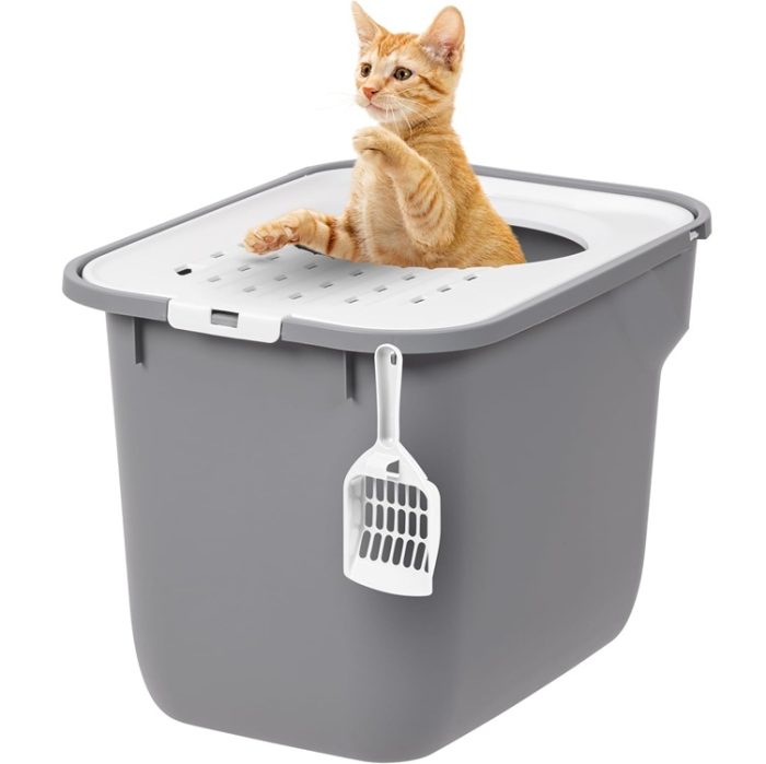 IRIS USA Large Top Entry Cat Litter Box with Litter Catching Lid in Gray / White