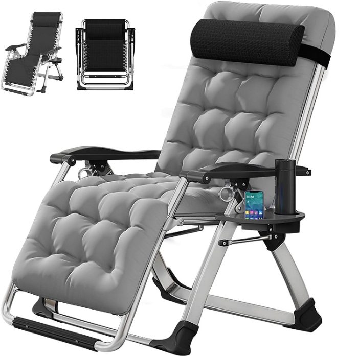 Zero Gravity Camp Chair Recliner w/ Cup Holder & Removable Cover in Gray