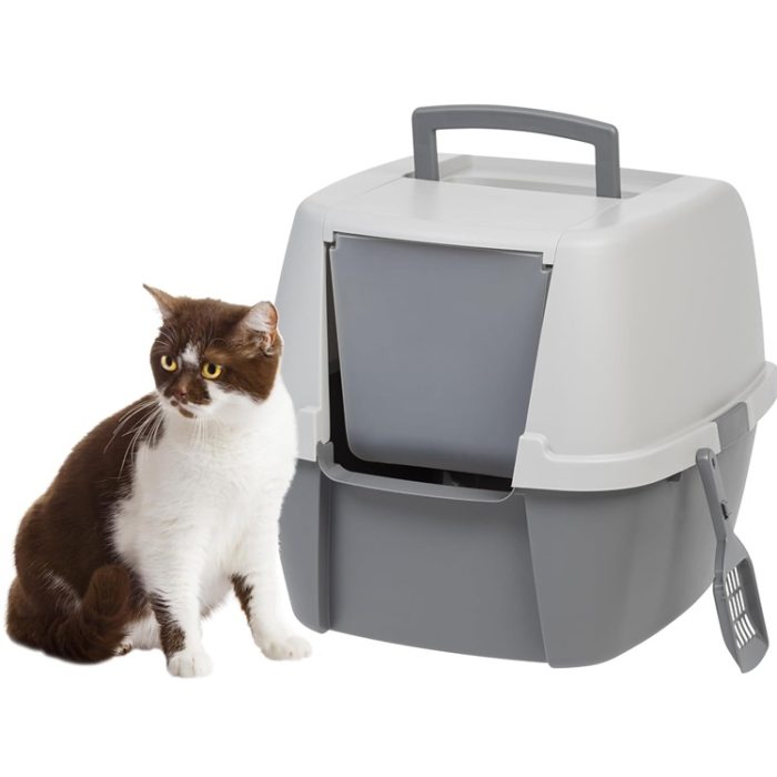 Covered Cat Litter Box with Front Door Flap and Scoop in Dark Gray