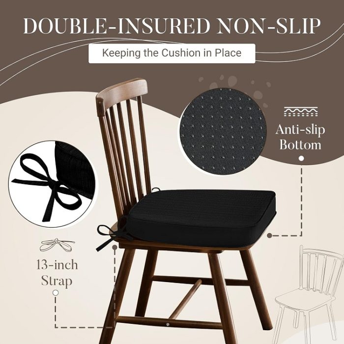 D-Shaped 2.5" Thick Dining Kitchen Chair Seat Cushions with Ties in Black