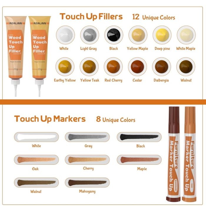 REALINN 28-Piece Wood Repair Kit – Markers, Fillers & Putty for Scratches & Cracks