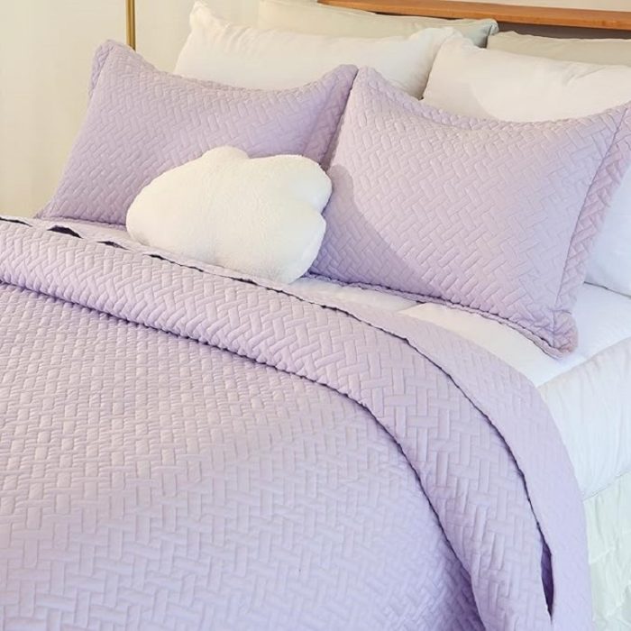 Cmfshape 3 Piece Geometric Stitched Bedspread Queen 92 x96 - Lavender
