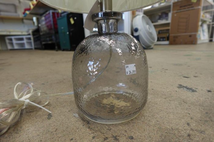 Smokey Gray Hammered Glass Jar Table Lamp with White Linen Shade in White - Image 3