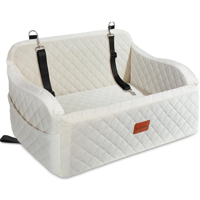 Dog Car Seat for Medium/Large Dogs 2 Clip-On Safety Leash's for 2 Small Dogs - Beige