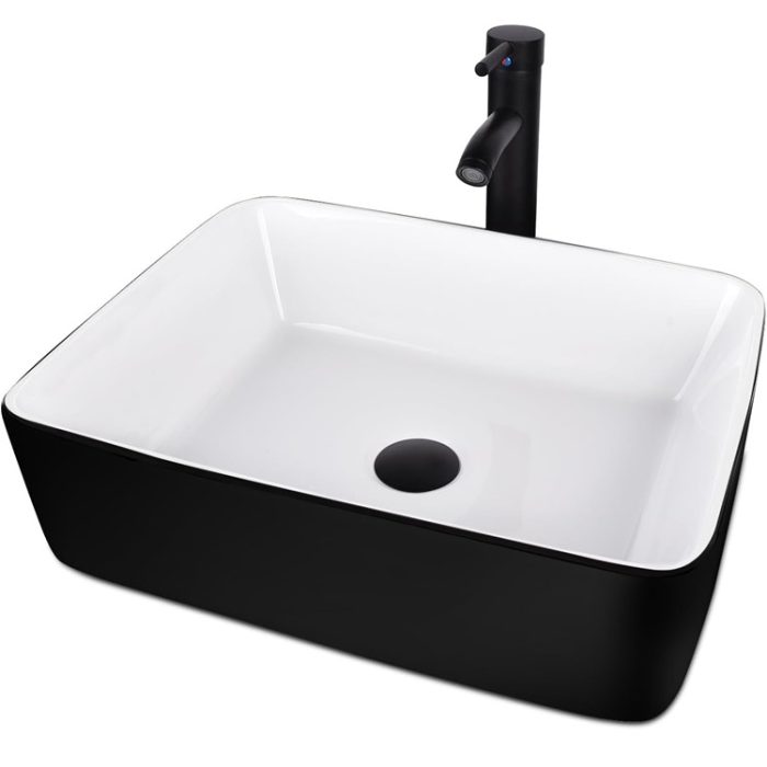 Black & White Ceramic Bathroom Sink with Black Faucet - Rectangle