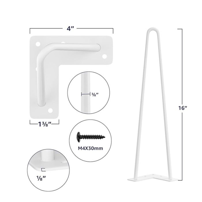 SMARTSTANDARD 16" Hairpin Furniture Legs, Metal, 4PCS White