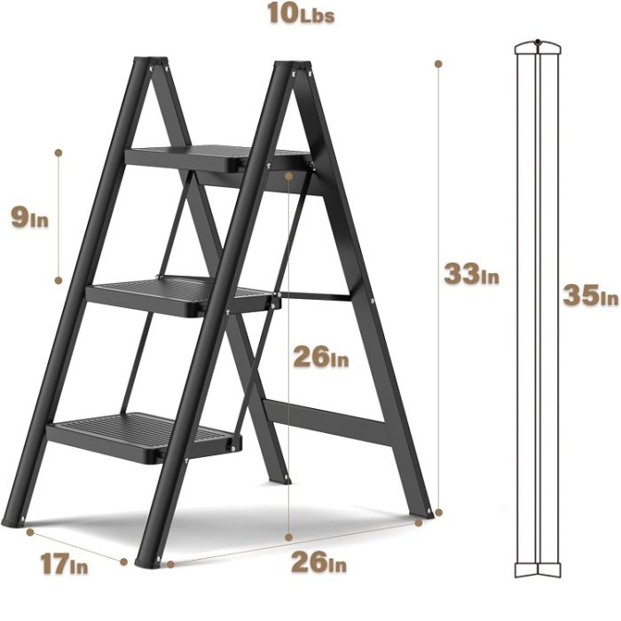 3 Step Folding Ladder/Step Stool with Wide Anti-Slip Pedal