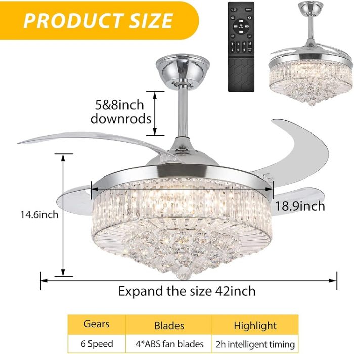 42 Inches Crystal Ceiling Fan Chandelier 3 Colors Changes Lighting Fixture - Image 2