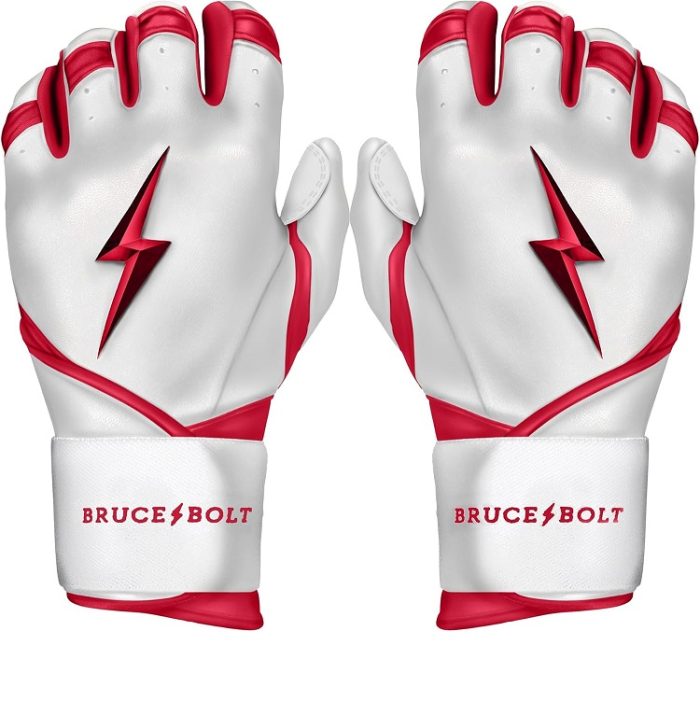 BRUCE BOLT Chrome Series Long Cuff Batting Gloves - White & Red - Adult & Youth Sizes