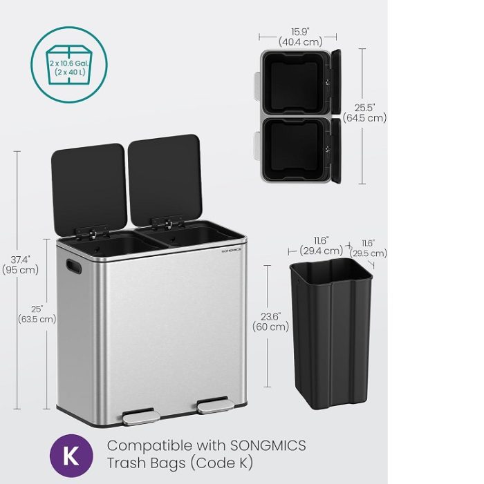 SONGMICS Kitchen Trash Can 2 x 10.6 Gallon (2 x 40 L)  - Silver & Black