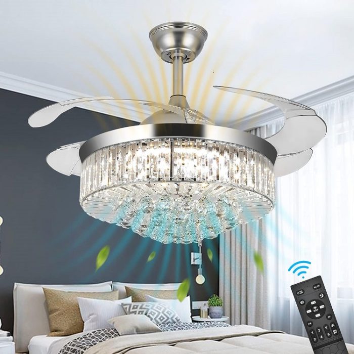 42 Inches Crystal Ceiling Fan Chandelier 3 Colors Changes Lighting Fixture
