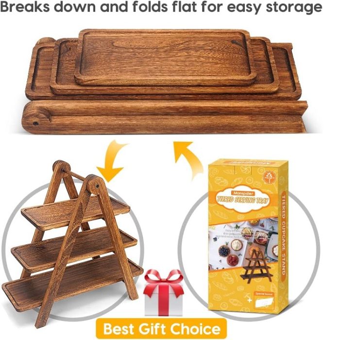 Manspdier Wood 3 Tier Serving Tray Three Tiered Serving Stand - Rectangular Wood - Image 2