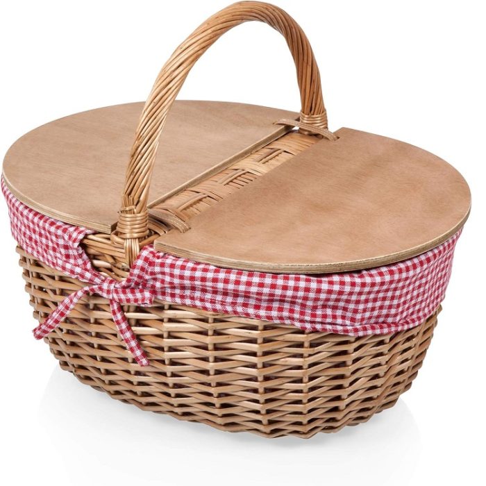PICNIC TIME - Country Vintage Wicker Picnic Basket with Lid - Red & White Gingham pattern
