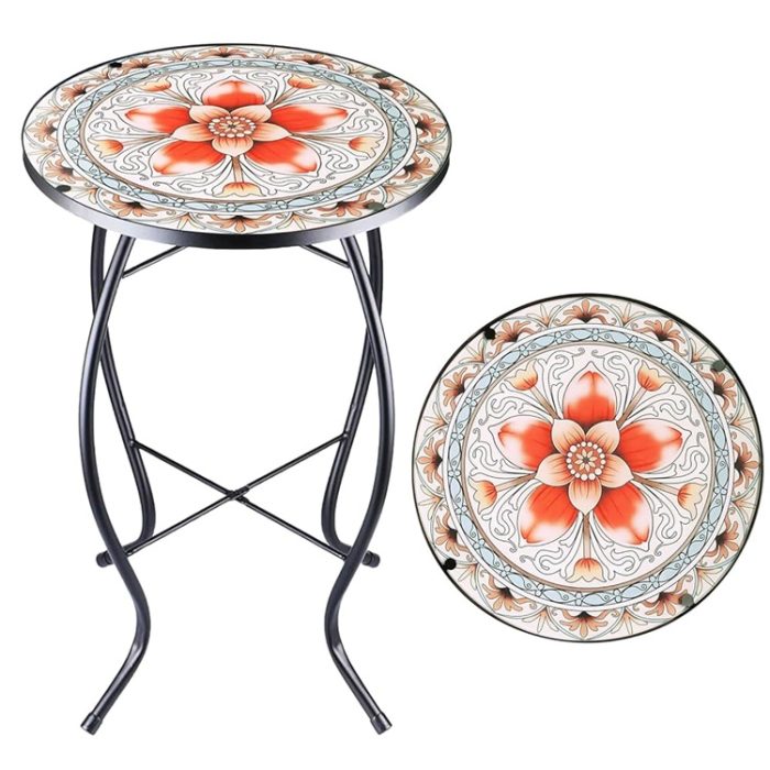 12 Inch Small Outdoor Side Table - Pink Flower Glass Mosaic