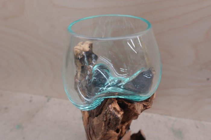 Cape Craftsmen 12" Hand-Blown Blue Tinted Bubble Glass On Natural Teak Driftwood Terrarium - Image 3