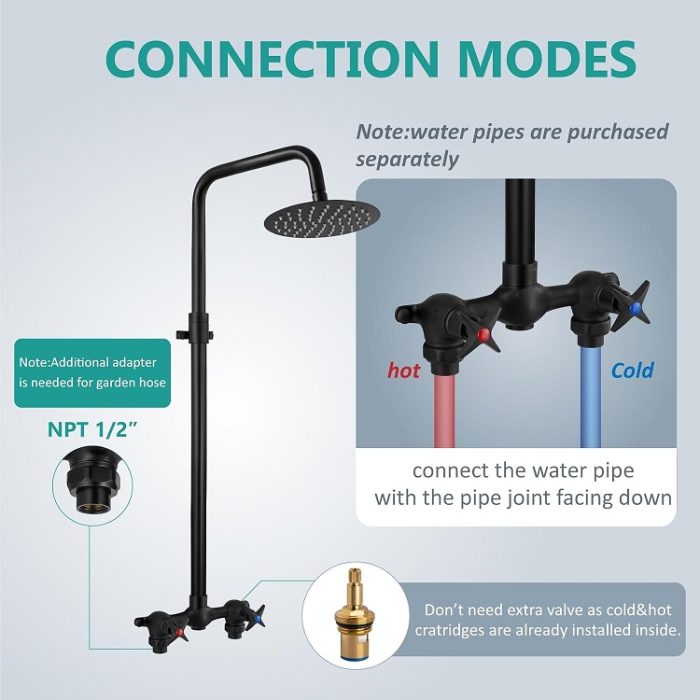 Matte Black Aolemi Outdoor Shower Kit - Double Handle Exposed Shower 8 Inch Rainfall Shower Head