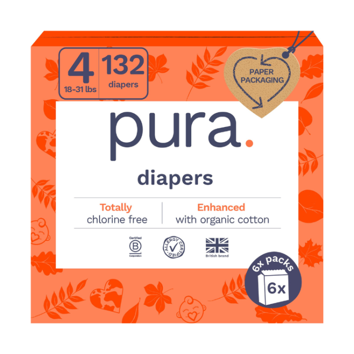Pura Sensitive Soft Sustainable Baby Diapers, Size 4, 132 Count