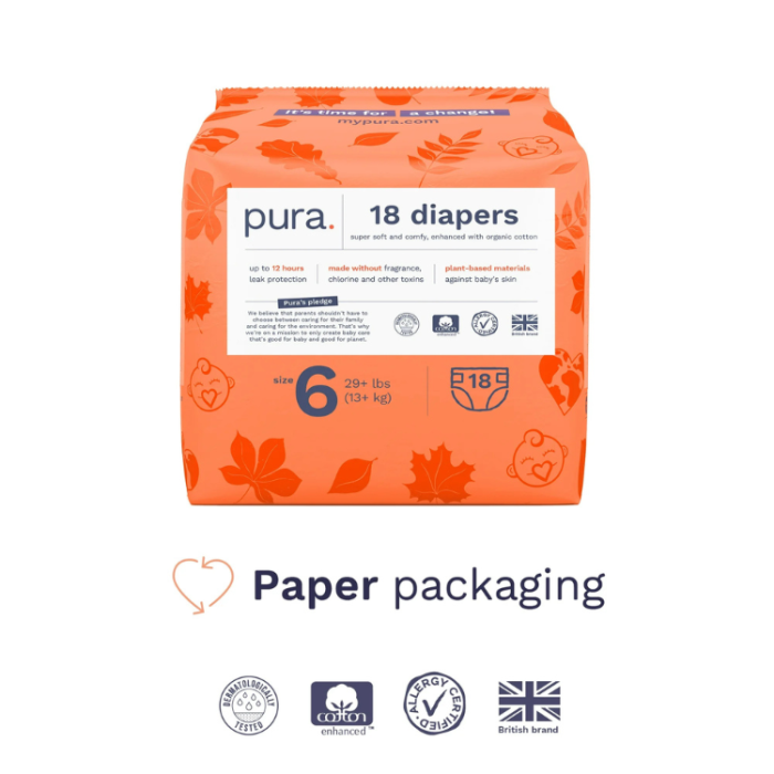 Pura Sensitive Soft Sustainable Baby Diapers, Size 6, 18 Count