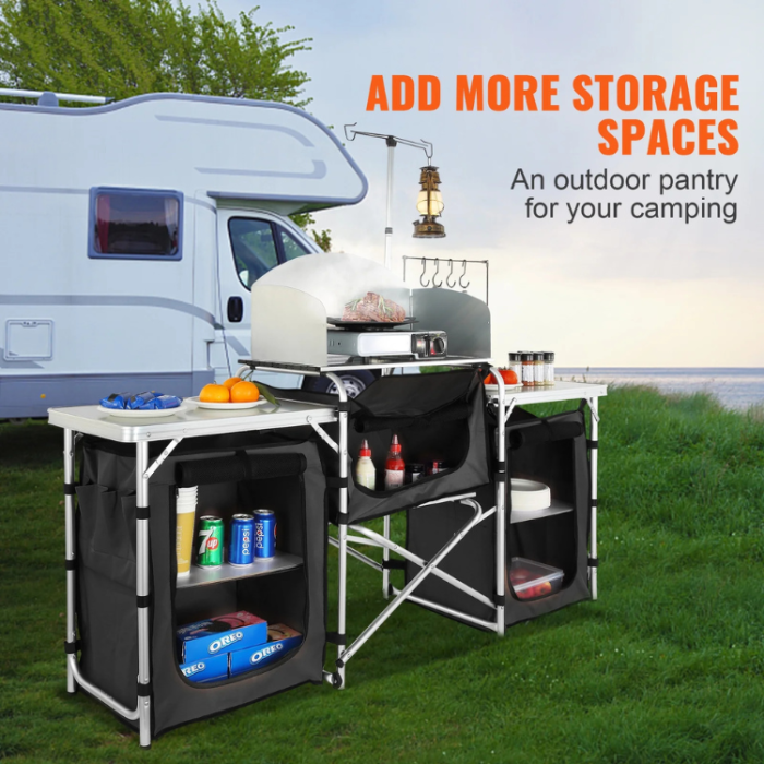 SKYSHALO Folding Portable Cook Table with 3 Cupboards