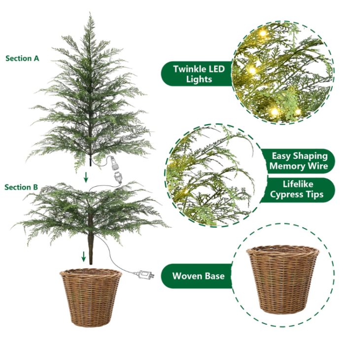 4-Foot Cypress Potted Tree with Warm White LED Lights