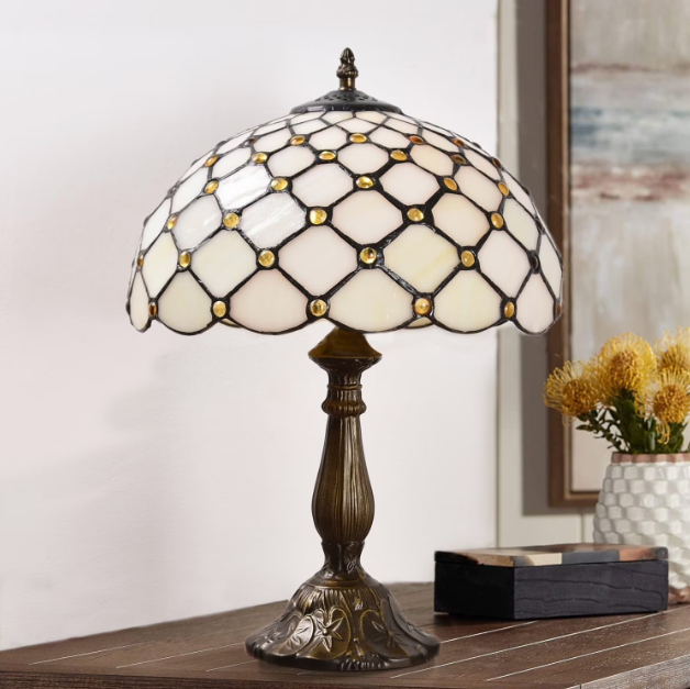 Tiffany Style Table Lamp with Stained Glass Shade in White