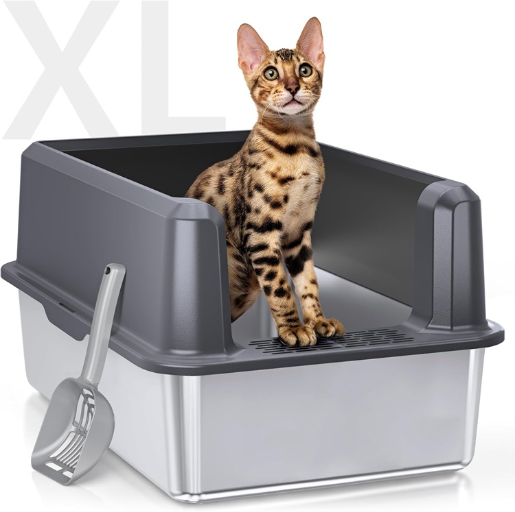 XL Enclosed Stainless Steel Cat Litter Box with Lid & Scoop
