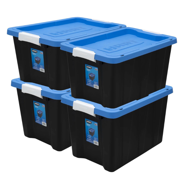 HART 12 Gallon Heavy Duty Latching Plastic Storage Bin (Black Base / Blue Lid)