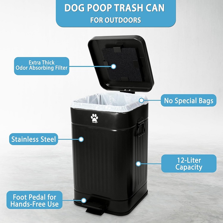 Outdoor Dog Waste Trash Can with Lid12L/3.2Gal in Black