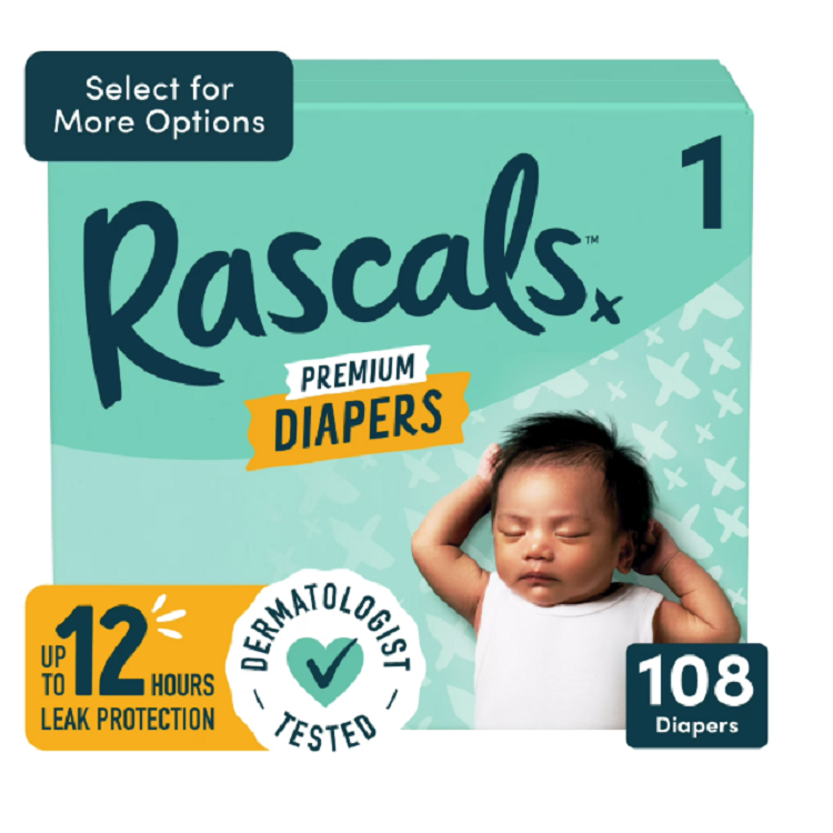 Size1 108 Count Rascals Premium Absorbent Baby Diapers