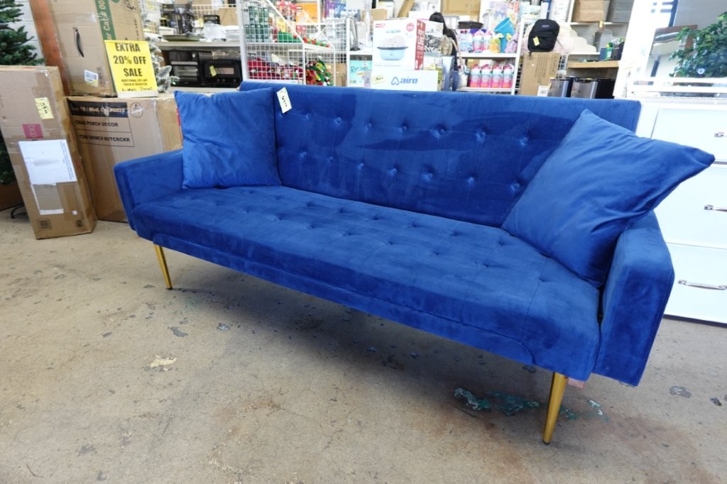Blue Modern Velvet Futon Sofa Bed Couch with Metal Legs - Image 2