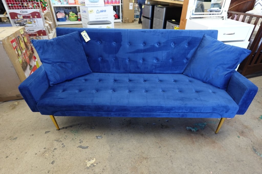 Blue Modern Velvet Futon Sofa Bed Couch with Metal Legs - Image 3