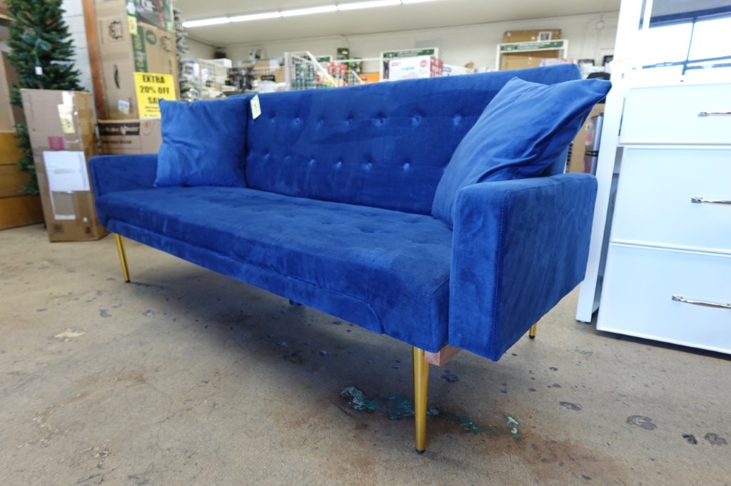 Blue Modern Velvet Futon Sofa Bed Couch with Metal Legs - Image 4