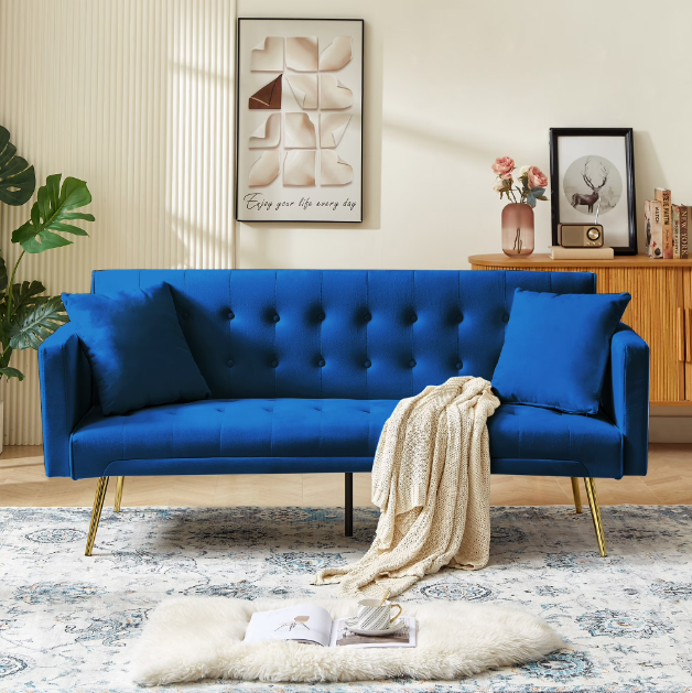 Blue Modern Velvet Futon Sofa Bed Couch with Metal Legs