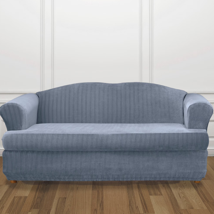 2-Piece SureFit Stretch Pinstripe T-Cushion Sofa Slipcover- French Blue