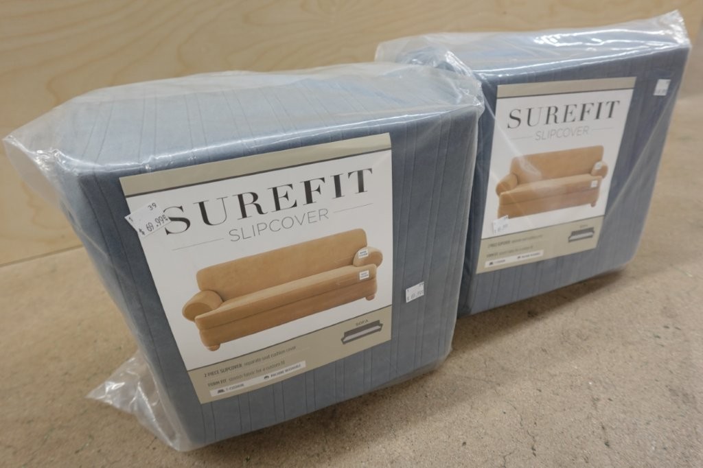 2-Piece SureFit Stretch Pinstripe T-Cushion Sofa Slipcover- French Blue - Image 2