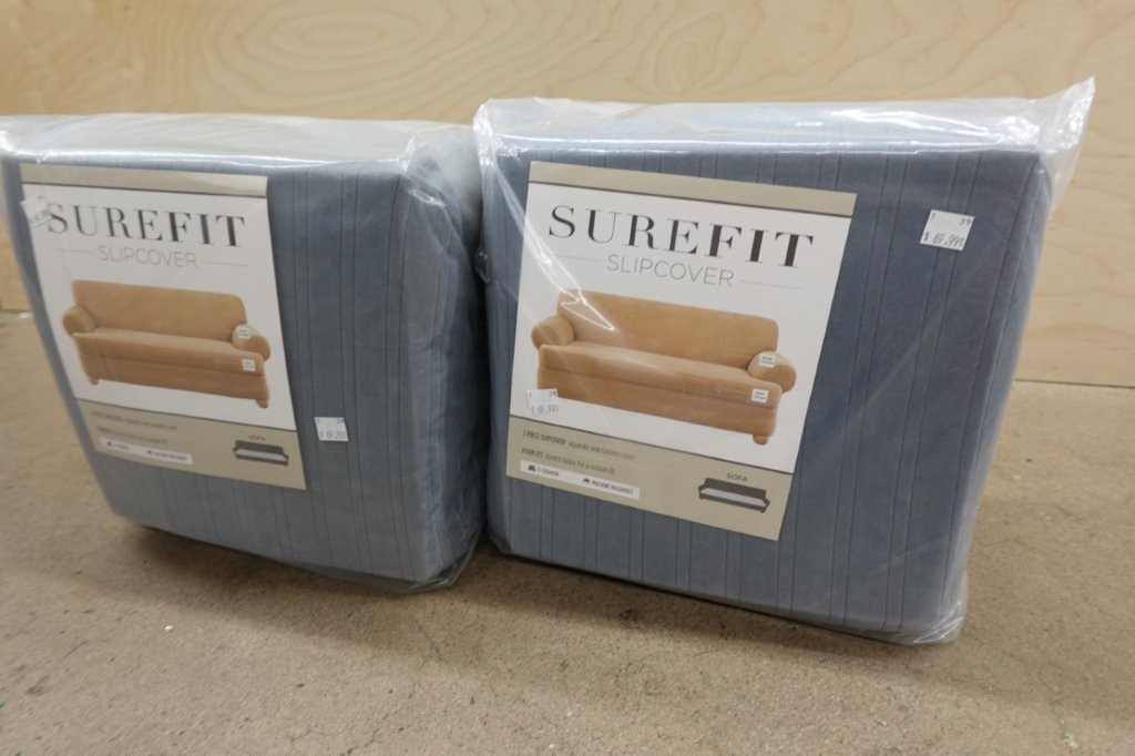 2-Piece SureFit Stretch Pinstripe T-Cushion Sofa Slipcover- French Blue - Image 3